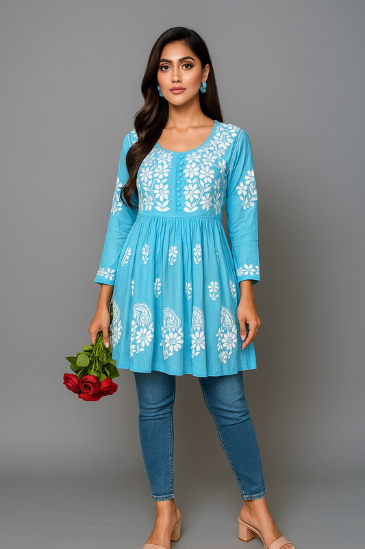 Lucknow Fashion Diary Hand Embroidered Lucknowi Chikankari Women's Blue Modal Short Kurti 