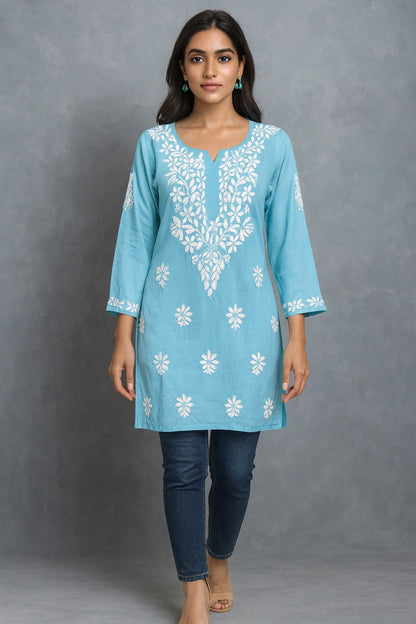 Lucknow Fashion Diary Hand Embroidered Lucknowi Chikankari Women's Blue Modal Short Kurti 