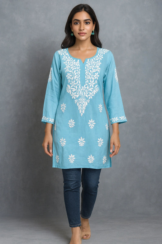 Lucknow Fashion Diary Hand Embroidered Lucknowi Chikankari Women's Blue Modal Short Kurti 