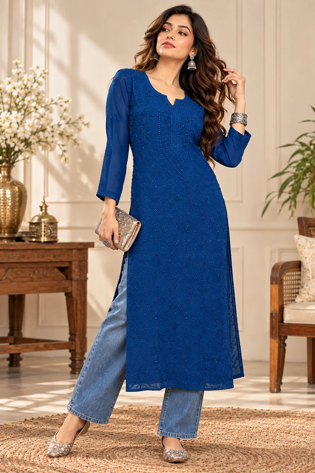 Lucknow Fashion Diary Hand Embroidered Lucknowi Chikankari Women's Blue Viscose Kurta