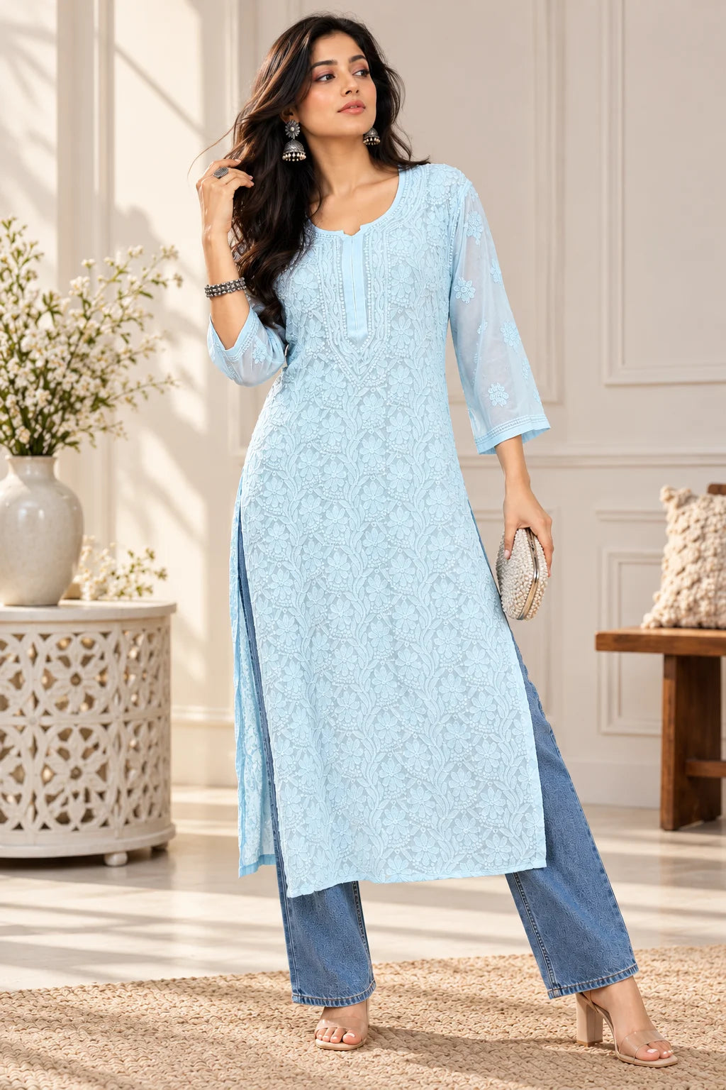 Lucknow Fashion Diary Hand Embroidered Lucknowi Chikankari Women's Blue Viscose Kurta