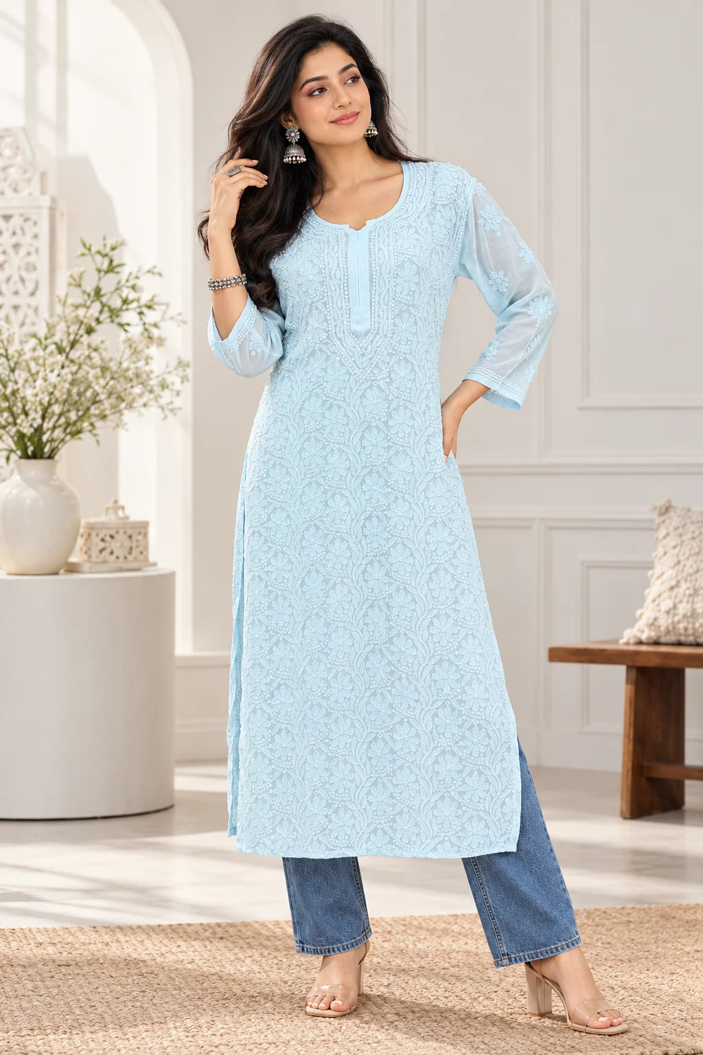 A woman models a light blue embroidered kurta with three-quarter sleeves, paired with blue jeans and beige heels, standing in a bright, modern room setting.