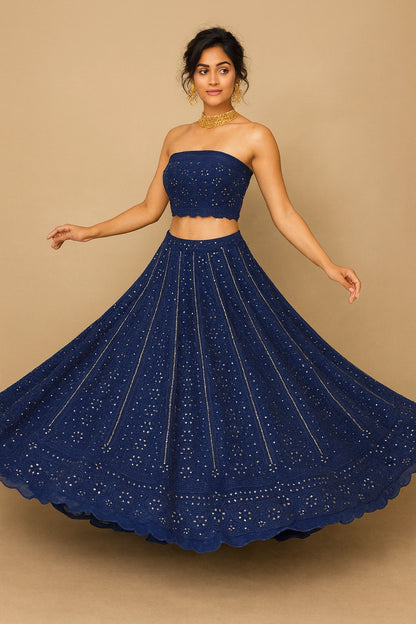  Hand Embroidered Lucknowi Chikankari Women's Unstitched Blue Viscose Lehenga Set


