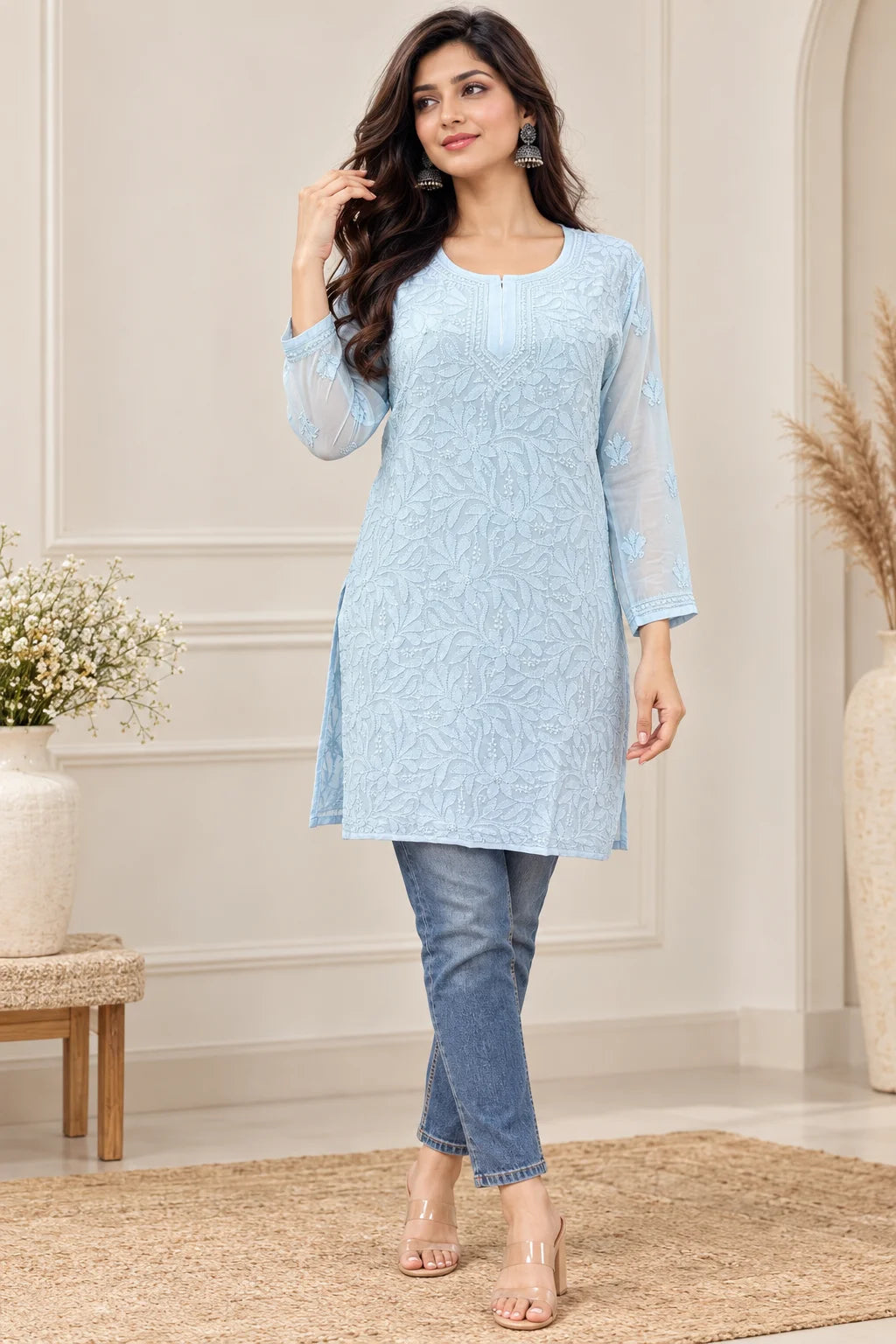 Lucknow Fashion Diary Hand Embroidered Lucknowi Chikankari Women Blue Viscose Short Kurti 