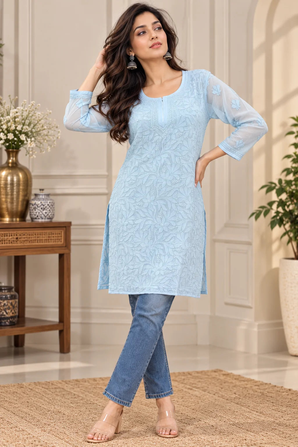 Woman wearing a lucknowi chikankari  blue kurta with white floral patterns 