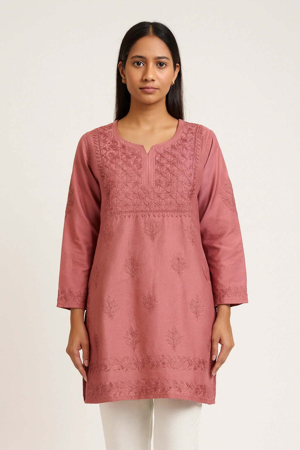 Lucknow Fashion Diary Hand Embroidered Lucknowi Chikankari Women's Brown Chanderi Short Kurti 