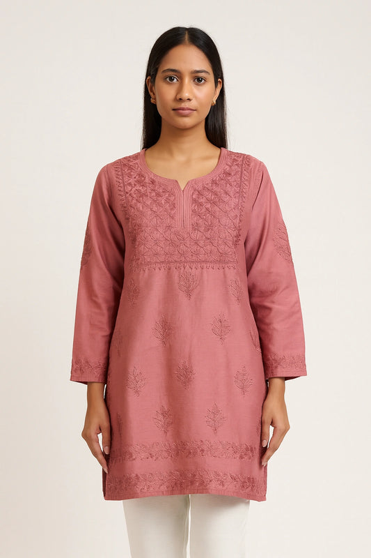 Lucknow Fashion Diary Hand Embroidered Lucknowi Chikankari Women's Brown Chanderi Short Kurti 