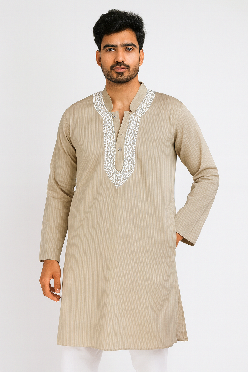 Lucknow Fashion Diary Hand Embroidered Lucknowi Chikankari Men's Brown Cotton Kurta