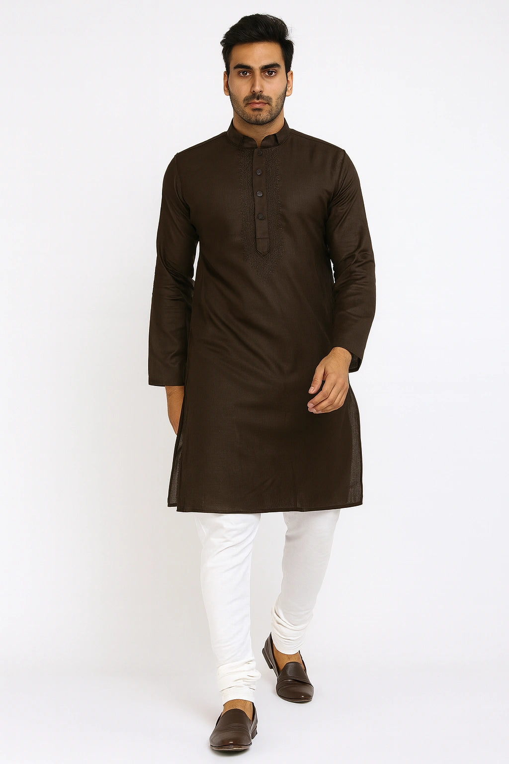 Lucknow Fashion Diary Hand Embroidered Lucknowi Chikankari Men's Brown Cotton Kurta