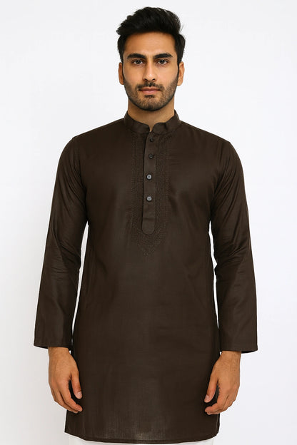 Man wearing a lucknowi chikankari brown kurta against a white background