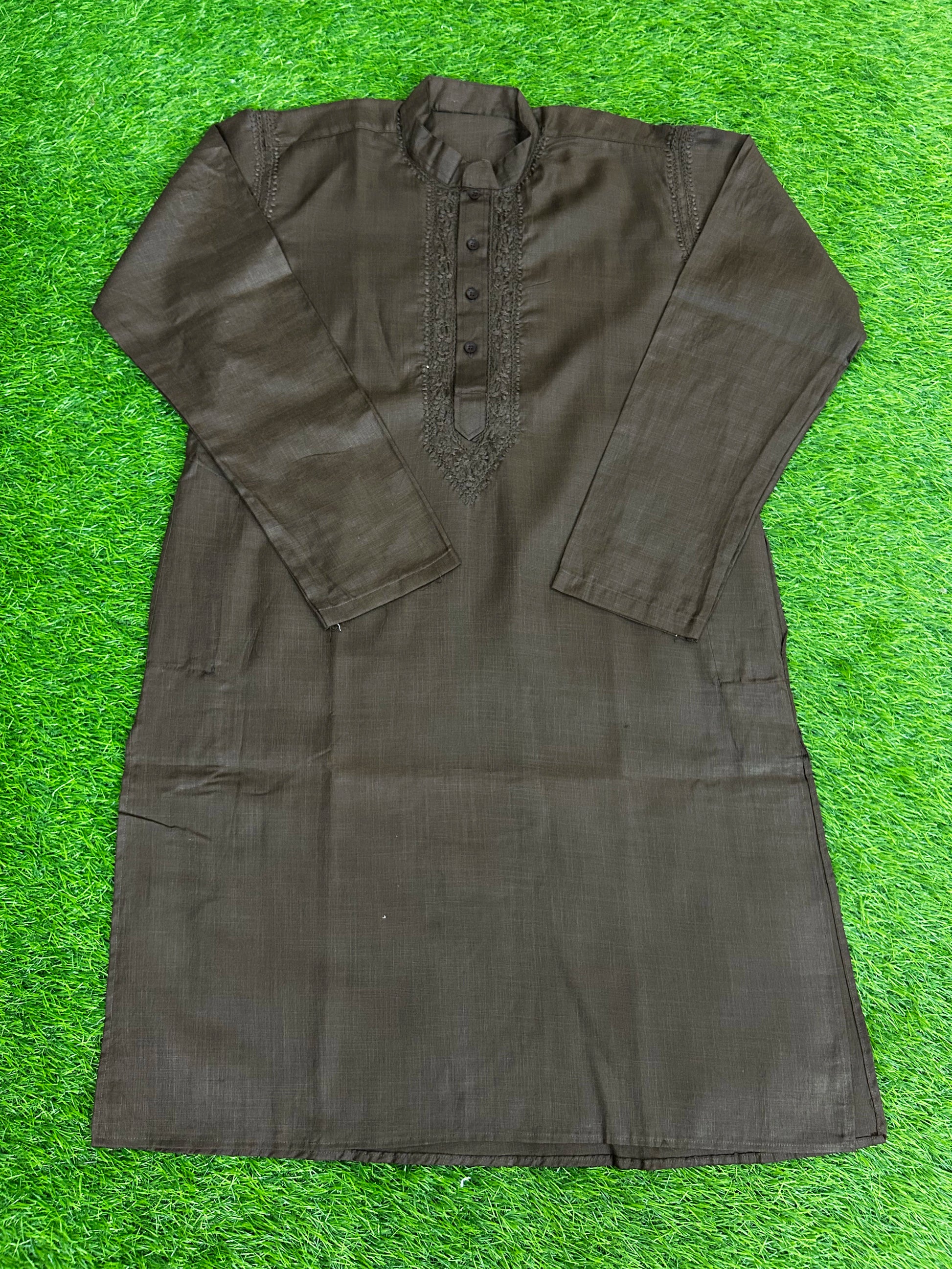 lucknowi chikankari Dark brown long-sleeve shirt on a green grass background