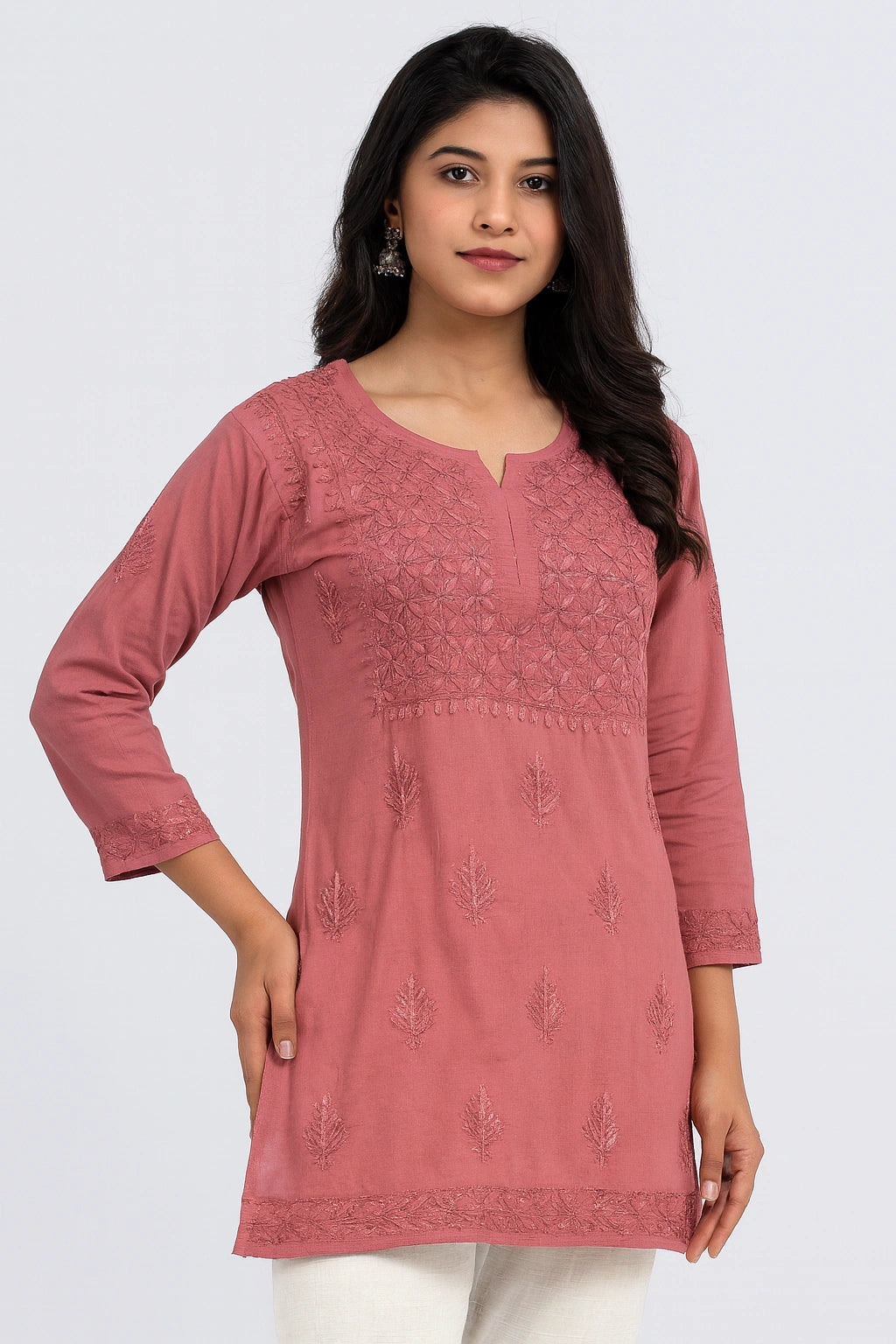 Lucknow Fashion Diary Hand Embroidered Lucknowi Chikankari Women's Brown Dobby Cotton Short Kurti 