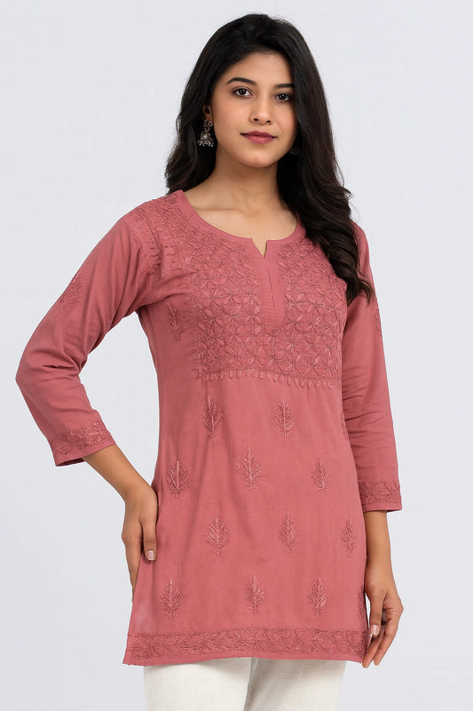 Lucknow Fashion Diary Hand Embroidered Lucknowi Chikankari Women's Brown Dobby Cotton Short Kurti 