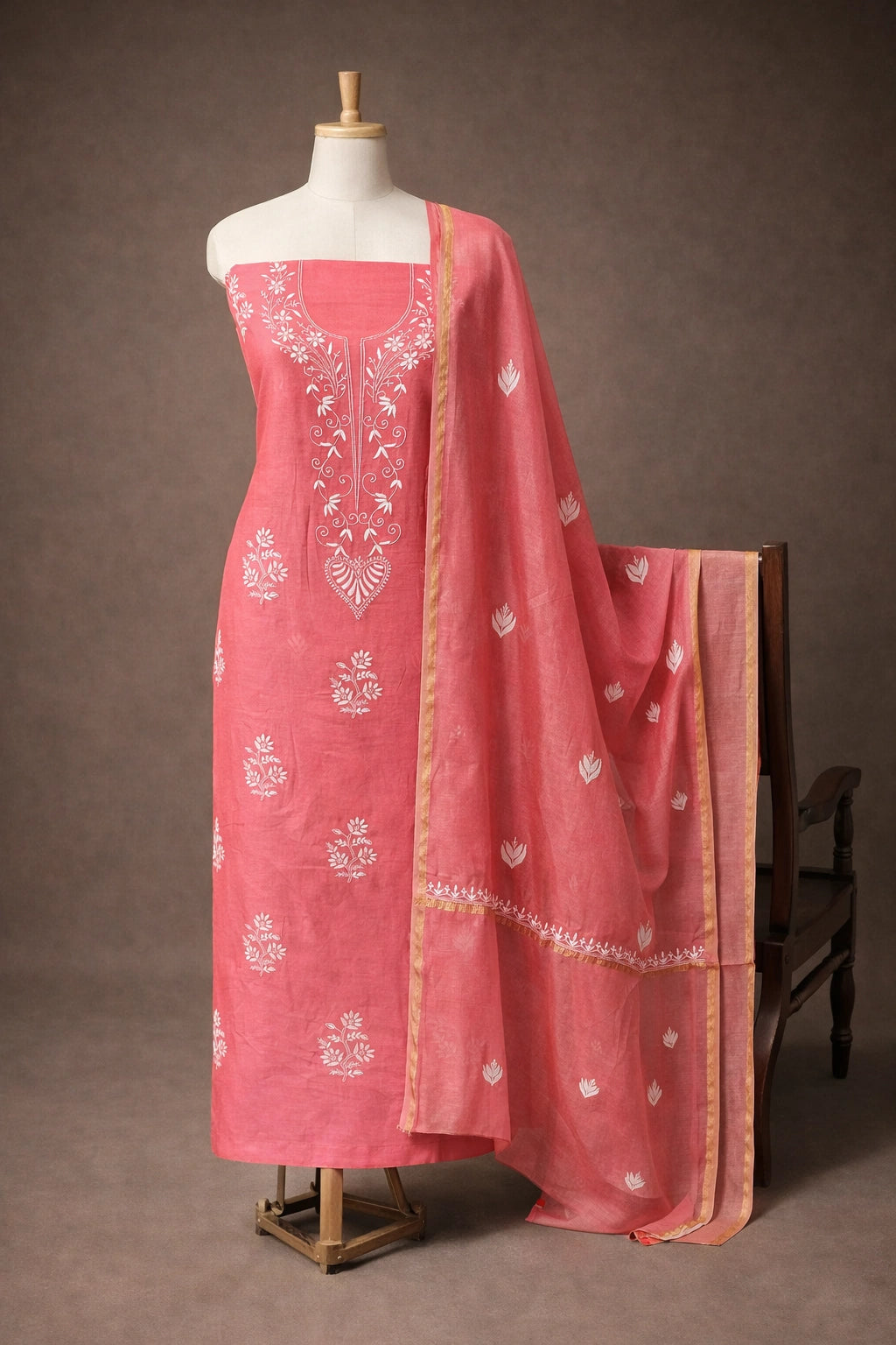 Lucknow Fashion Diary Hand Embroidered Lucknowi Chikankari Women's Unstitched Coral Pink Chanderi Kurta Dupatta Fabric 