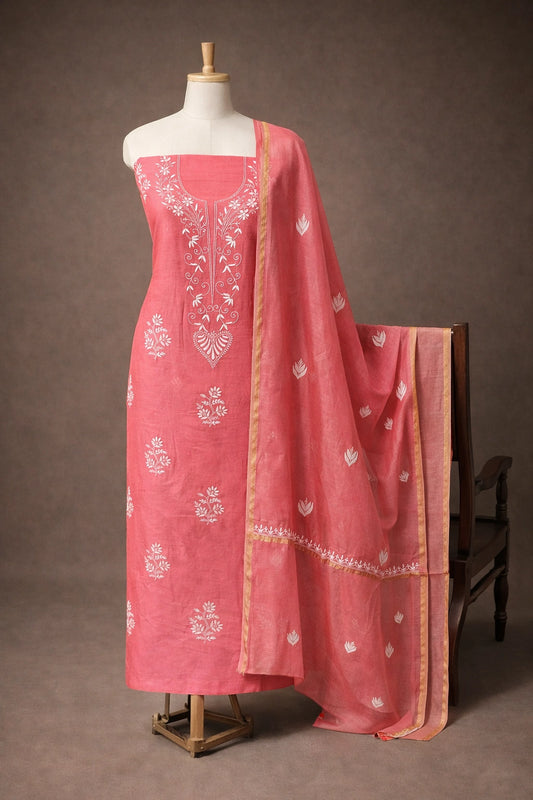 Lucknow Fashion Diary Hand Embroidered Lucknowi Chikankari Women's Unstitched Coral Pink Chanderi Kurta Dupatta Fabric 