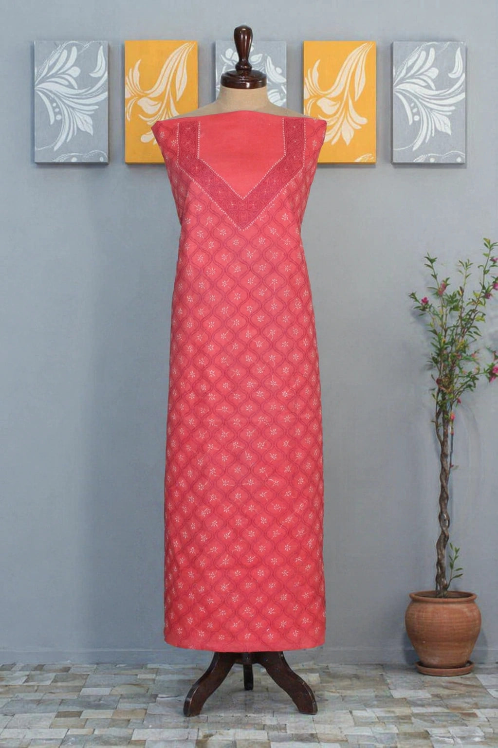 Lucknow Fashion Diary Hand Embroidered Lucknowi Chikankari Women's Unstitched Coral Pink Cotton Kurta Bottom Fabric 