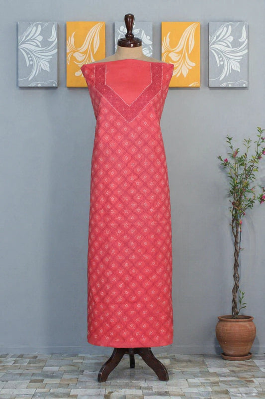 Lucknow Fashion Diary Hand Embroidered Lucknowi Chikankari Women's Unstitched Coral Pink Cotton Kurta Bottom Fabric 