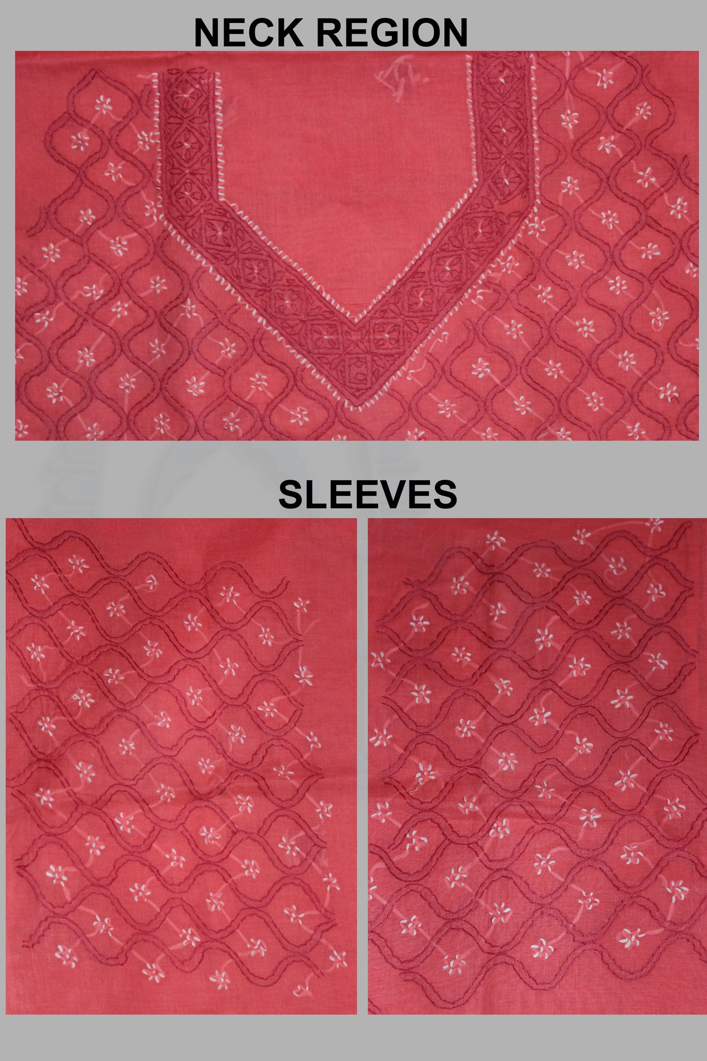 lucknowi chikankari Red fabric with white floral patterns on a gray background, labeled 'Neck Region' and 'Sleeves'.