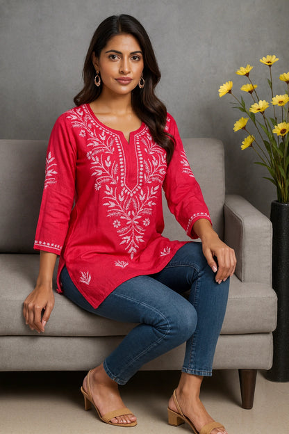 Lucknow Fashion Diary Hand Embroidered Lucknowi Chikankari Women's Coral Pink Rayon Short Kurti 