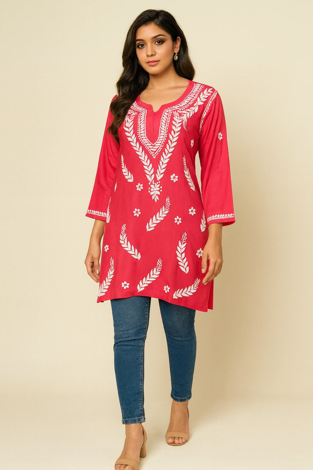 Lucknow Fashion Diary Hand Embroidered Lucknowi Chikankari Women's Coral Pink Rayon Short Kurti 