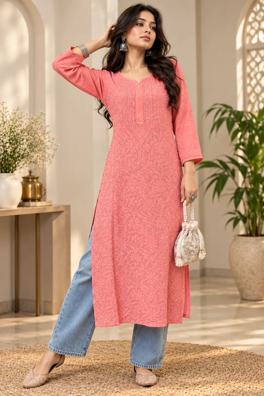 Lucknow Fashion Diary Hand Embroidered Lucknowi Chikankari Women's Coral Pink Viscose Kurta