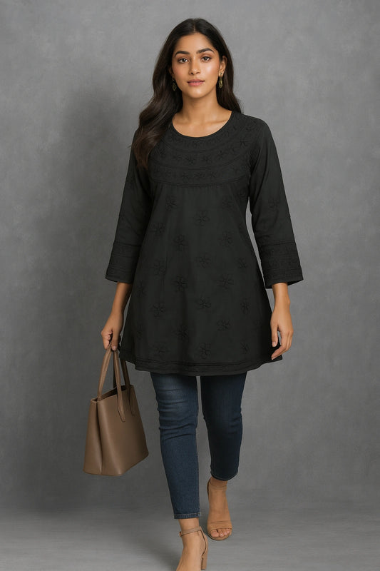 Lucknow Fashion Diary Hand Embroidered Lucknowi Chikankari Women's Black Cotton Short Kurti 