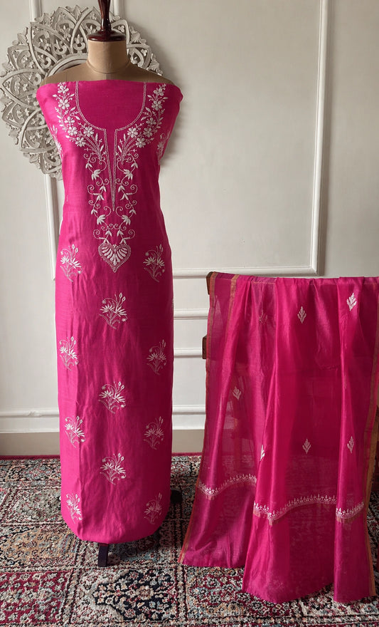Lucknow Fashion Diary Hand Embroidered Lucknowi Chikankari Women's Unstitched Dark Pink Chanderi Kurta Dupatta Fabric 