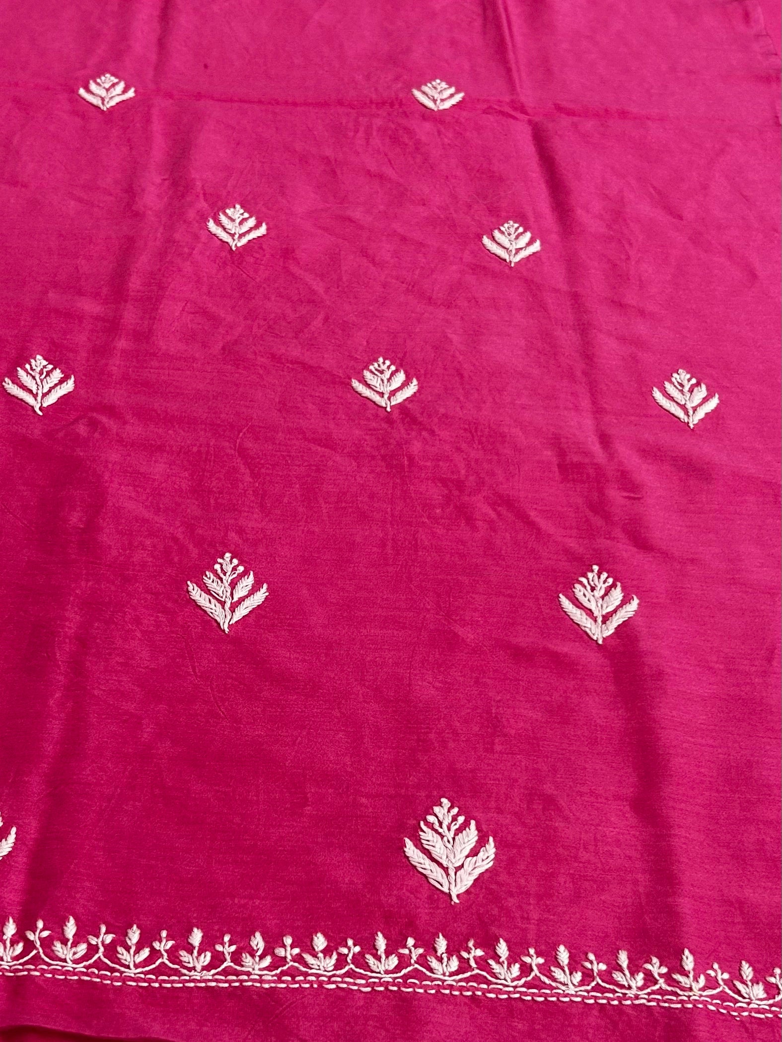 lucknowi chikankari Pink fabric with white floral patterns