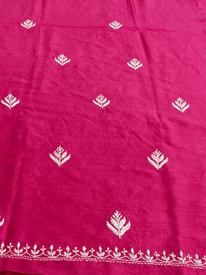 lucknowi chikankari Pink fabric with white floral patterns