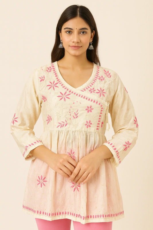 Lucknow Fashion Diary Hand Embroidered Lucknowi Chikankari Women's Fawn Chanderi Short Kurti 