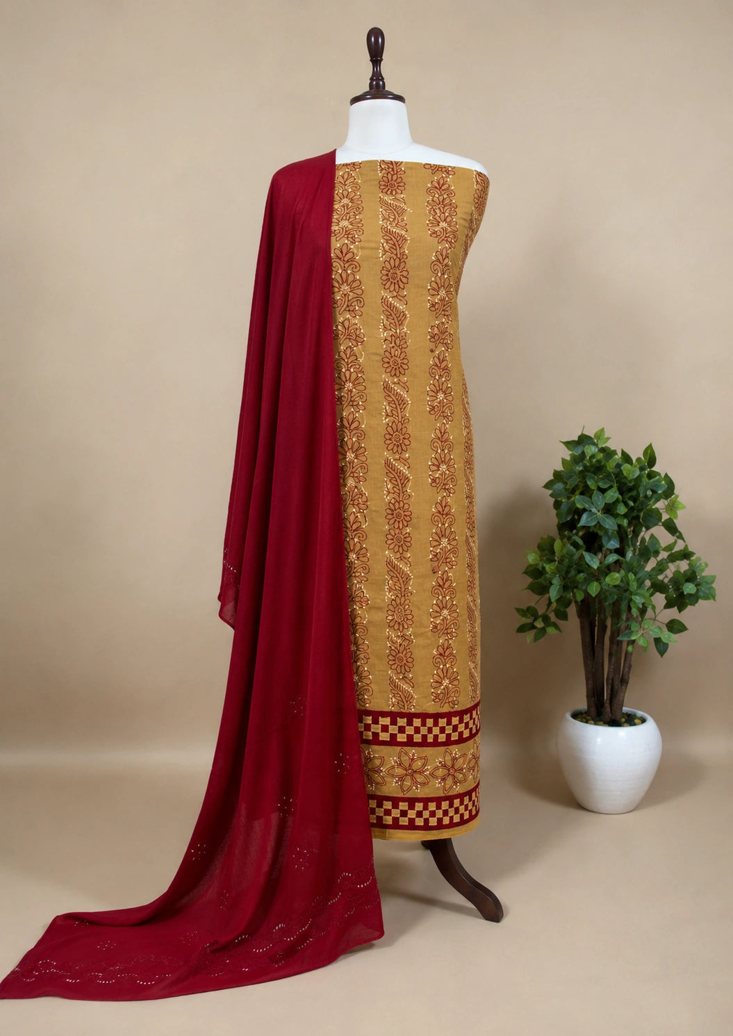 Lucknow Fashion Diary Hand Embroidered Lucknowi Chikankari Women's Unstitched Fawn Cotton Kurta
 Dupatta Bottom Fabric 