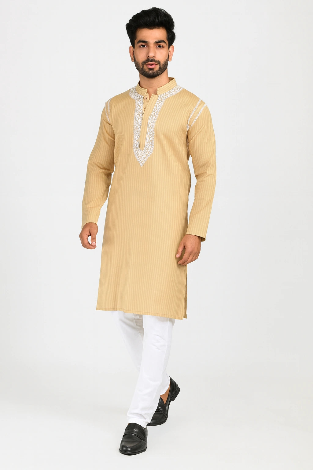 Lucknow Fashion Diary Hand Embroidered Lucknowi Chikankari Men's Fawn Cotton Kurta