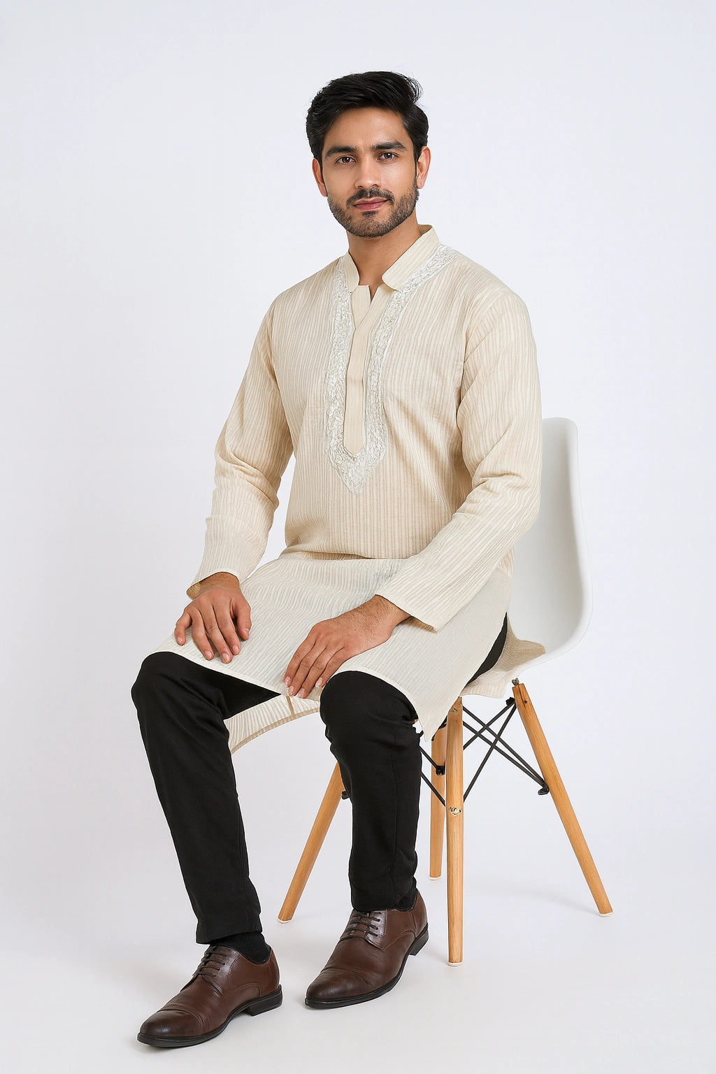 Lucknow Fashion Diary Hand Embroidered Lucknowi Chikankari Men's Fawn Cotton Kurti 