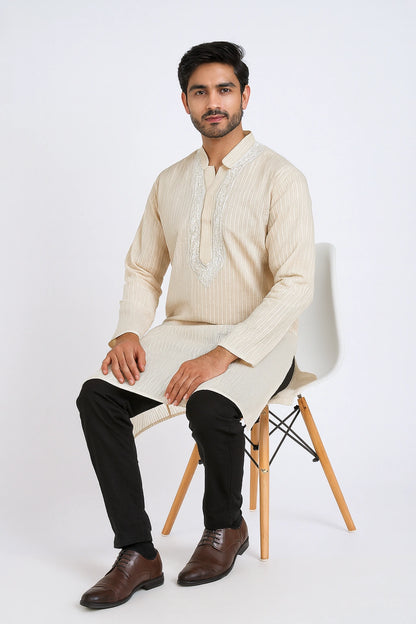 Lucknow Fashion Diary Hand Embroidered Lucknowi Chikankari Men's Fawn Cotton Kurti 