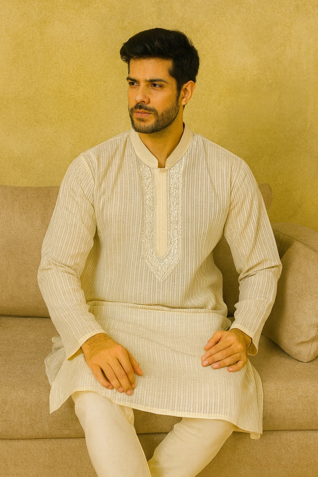Man wearing a traditional lucknowi chikankari kurta sitting on a beige couch against a beige wall.