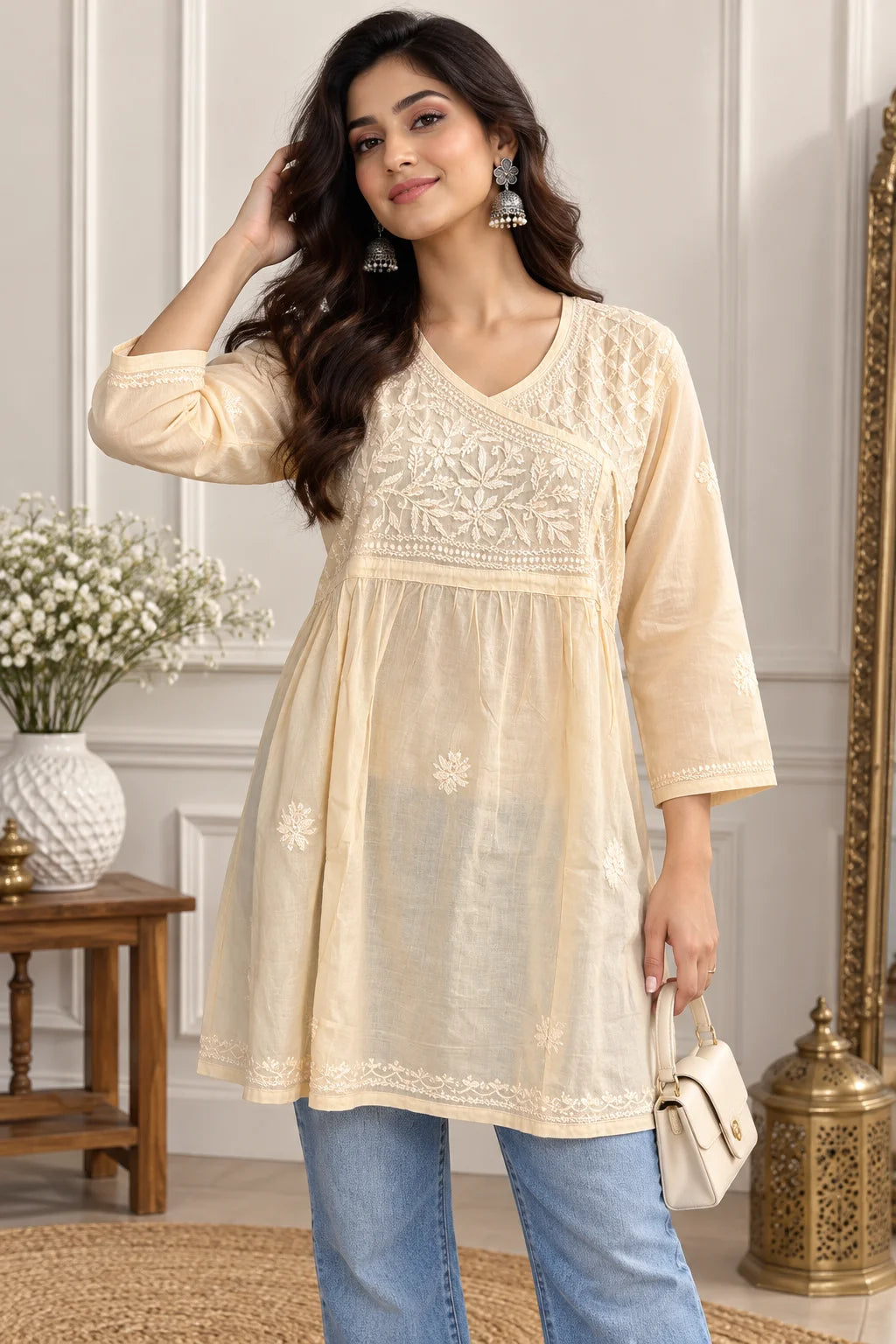 Lucknow Fashion Diary Hand Embroidered Lucknowi Chikankari Women's Fawn Angrakha Cotton Short Kurti 