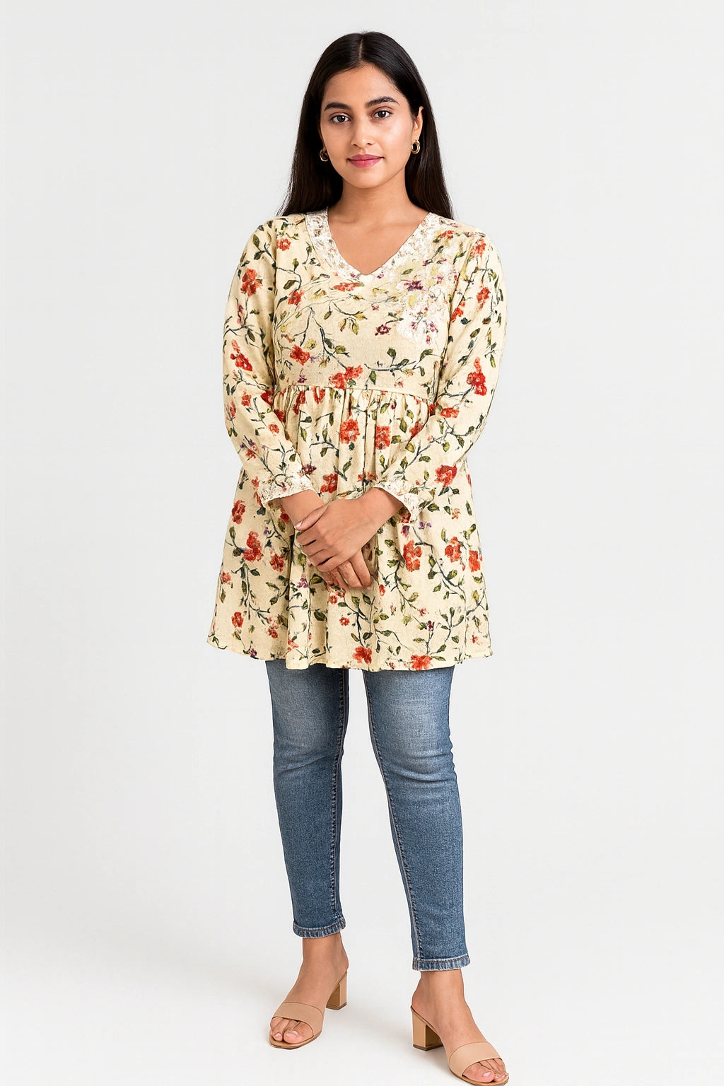 Lucknow Fashion Diary Hand Embroidered Lucknowi Chikankari Women's Fawn Cotton Short Kurti 