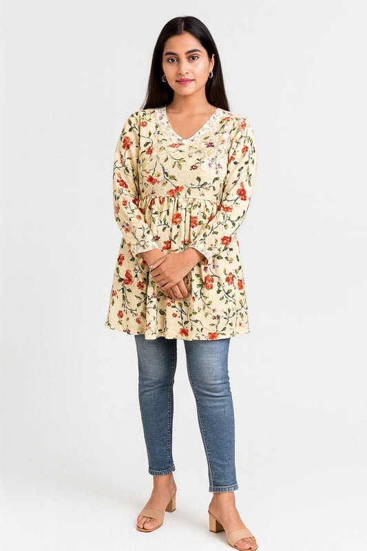 Lucknow Fashion Diary Hand Embroidered Lucknowi Chikankari Women's Fawn Cotton Short Kurti 