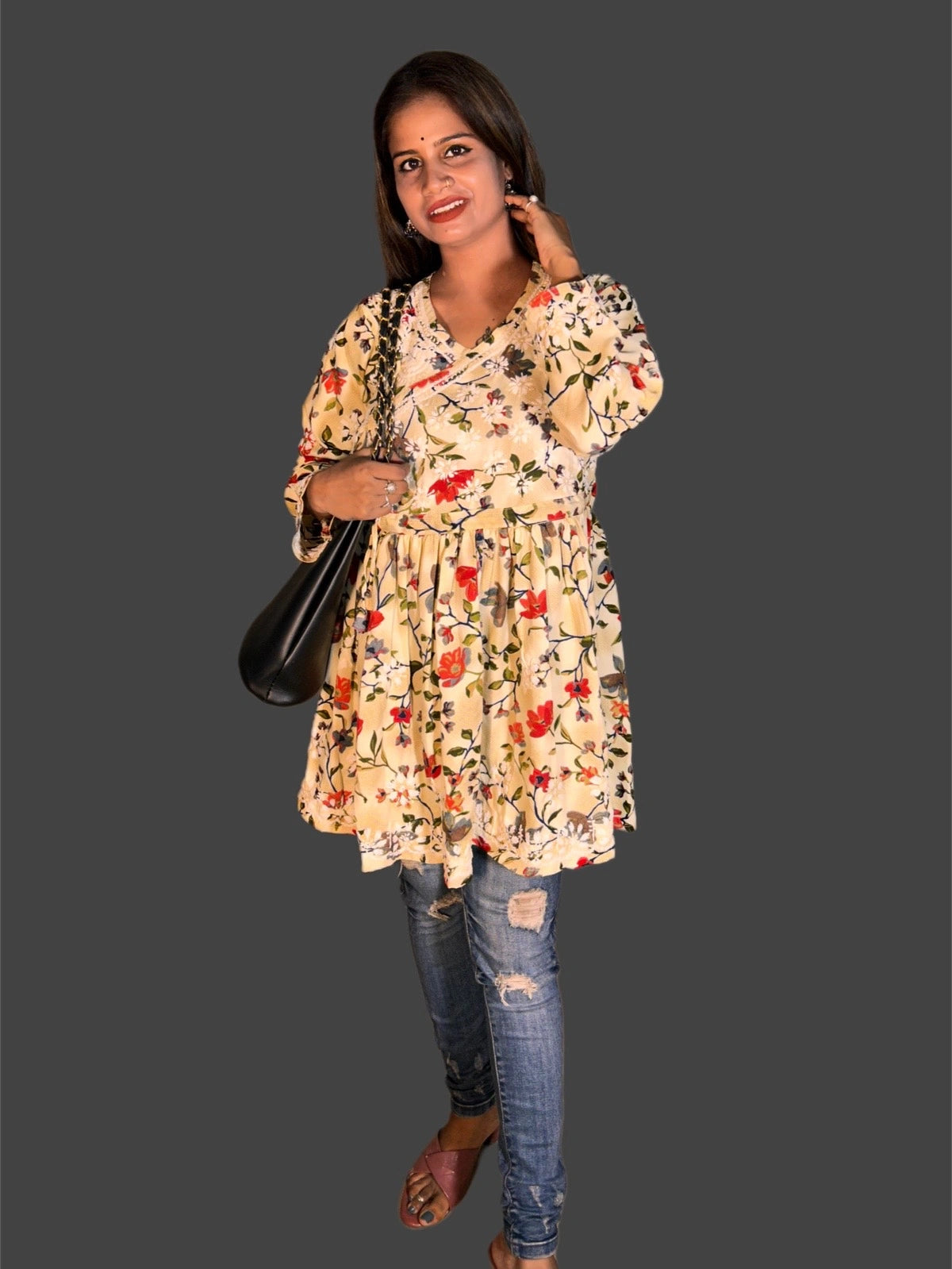 lucknowi chikankari Woman wearing a floral dress with a plain background