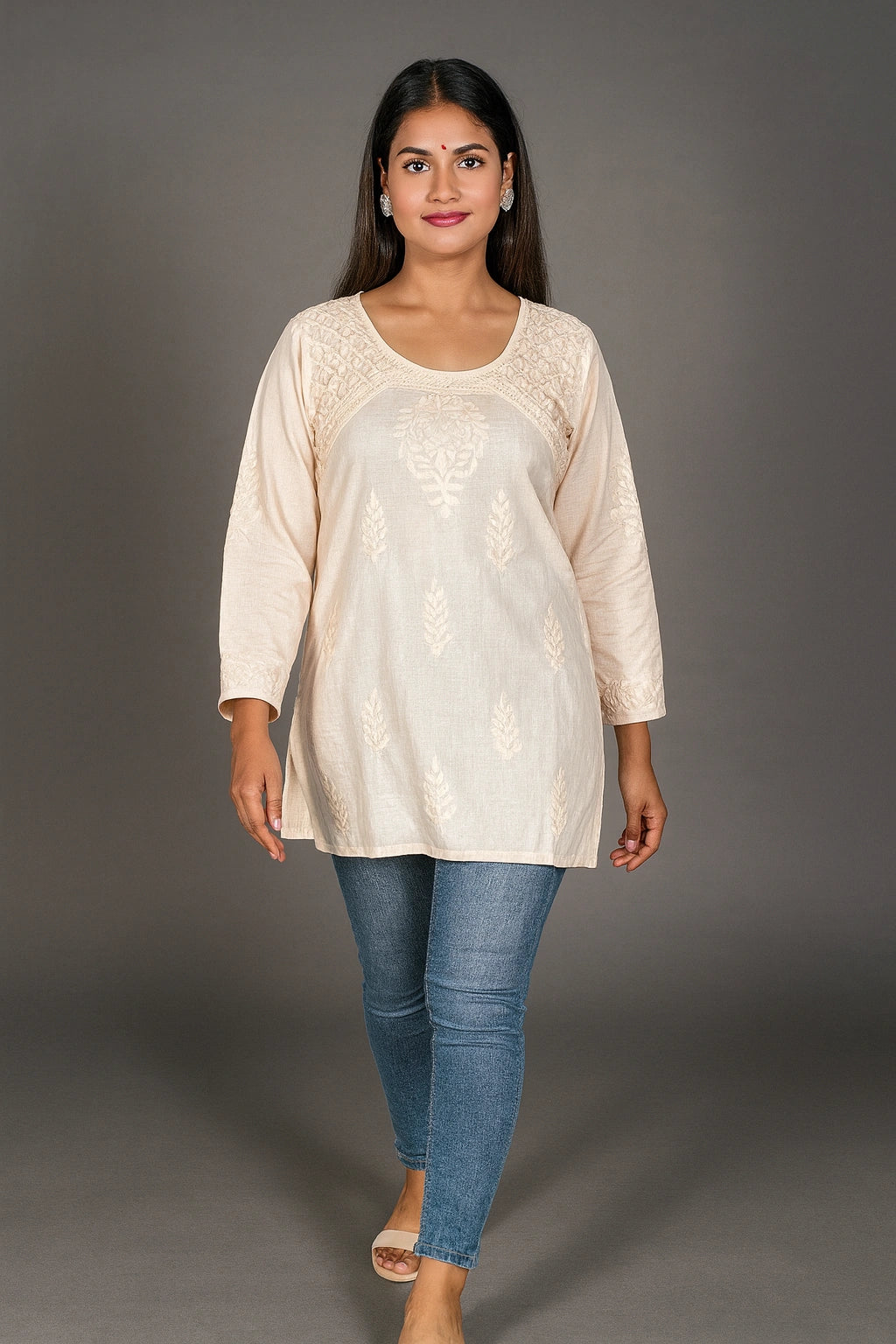 Lucknow Fashion Diary Hand Embroidered Lucknowi Chikankari Women's Fawn Cotton Short Kurti 