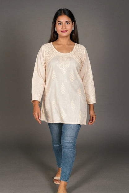 Lucknow Fashion Diary Hand Embroidered Lucknowi Chikankari Women's Fawn Cotton Short Kurti 