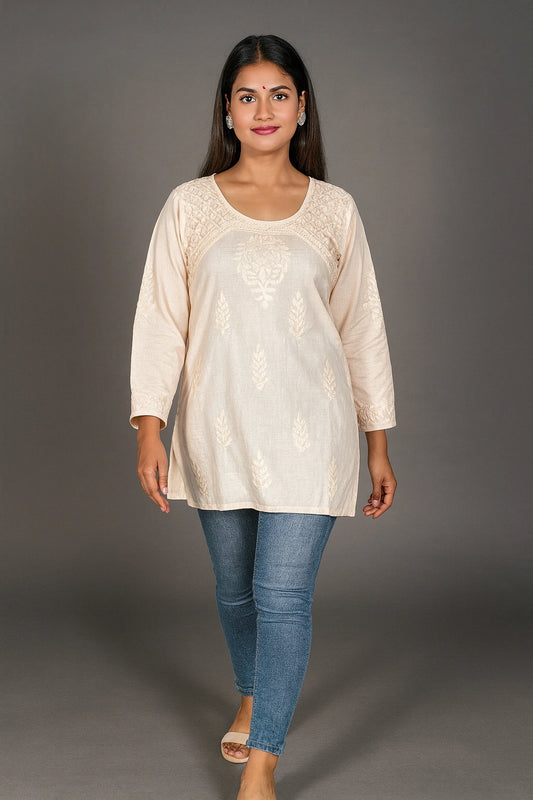 Lucknow Fashion Diary Hand Embroidered Lucknowi Chikankari Women's Fawn Cotton Short Kurti 