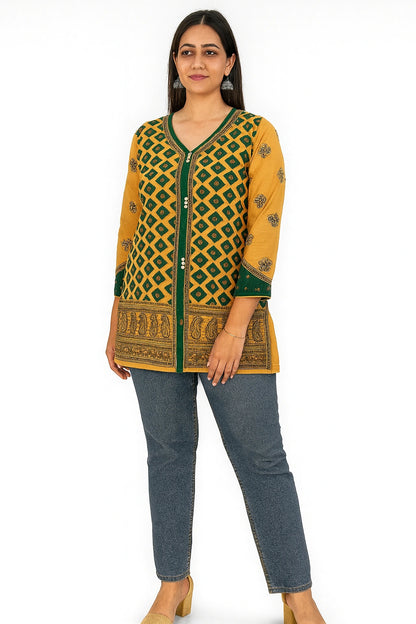 Lucknow Fashion Diary Hand Embroidered Lucknowi Chikankari Women's Fawn Cotton Short Kurti 