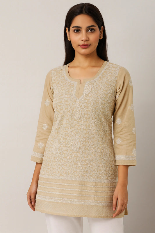 Lucknow Fashion Diary Hand Embroidered Lucknowi Chikankari Women's Fawn Cotton Short Kurti 