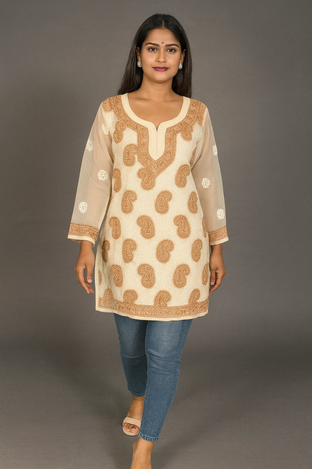 Lucknow Fashion Diary Hand Embroidered Lucknowi Chikankari Women's Fawn georgette Short Kurti 
