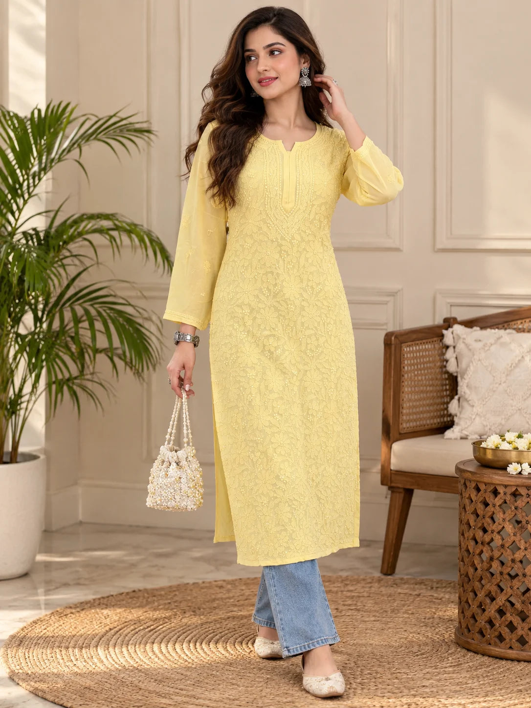 Lucknow Fashion Diary Hand Embroidered Lucknowi Chikankari Women Fawn Viscose Kurta