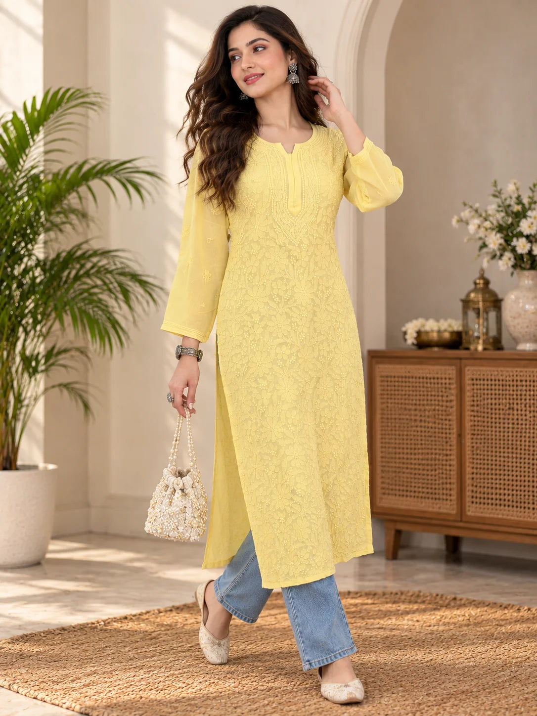 A woman models a fawn-colored, long-sleeved kurta with delicate floral embroidery, paired with light blue cropped jeans, holding a small beige handbag in a beautifully decorated indoor-outdoor setting.