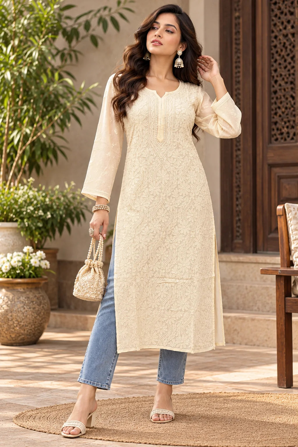 Lucknow Fashion Diary Hand Embroidered Lucknowi Chikankari Women peach Viscose Kurta