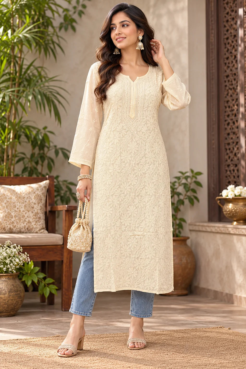 A woman models a cream-colored, long-sleeved kurta with delicate floral embroidery, paired with light blue cropped jeans, holding a small beige handbag in a beautifully decorated indoor-outdoor setting.