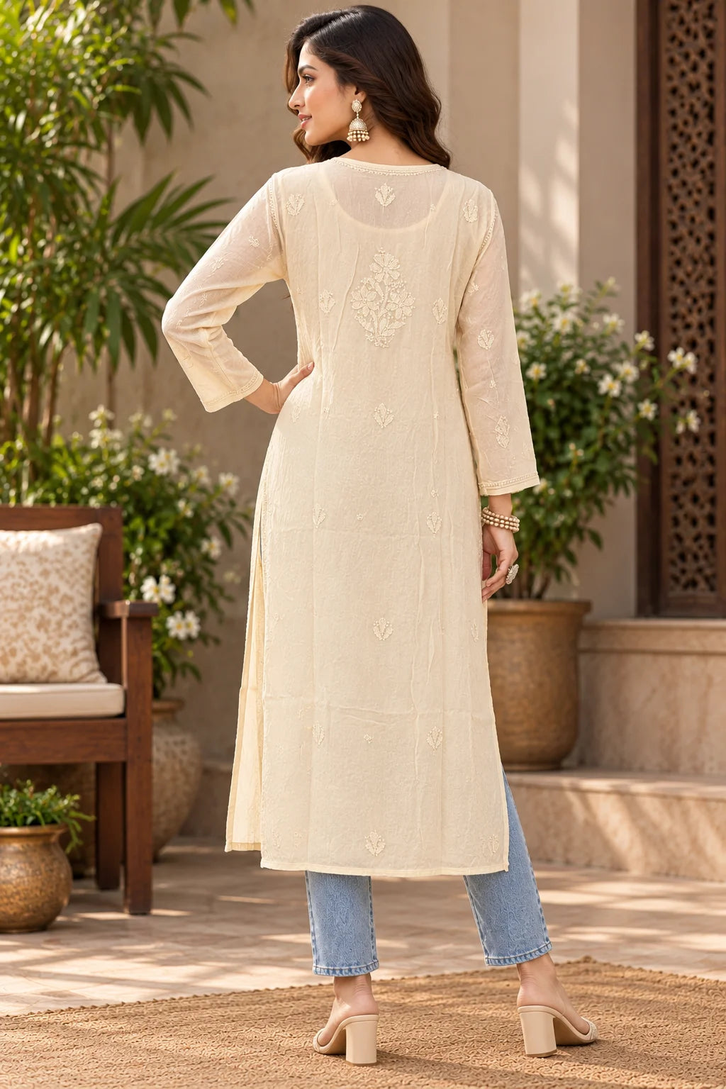 A woman stands outdoors wearing a long cream-colored embroidered kurta with three-quarter sleeves, paired with light blue jeans and beige heels. The background features a warm-toned patio with potted plants and a wooden bench.